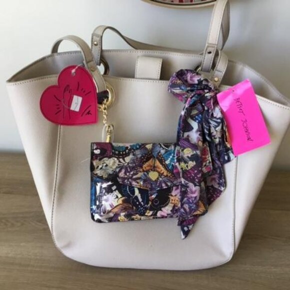 Betsey Johnson Handbags - Betsey Johnson Cream Tote with Floral Scarf and Detachable Pouch